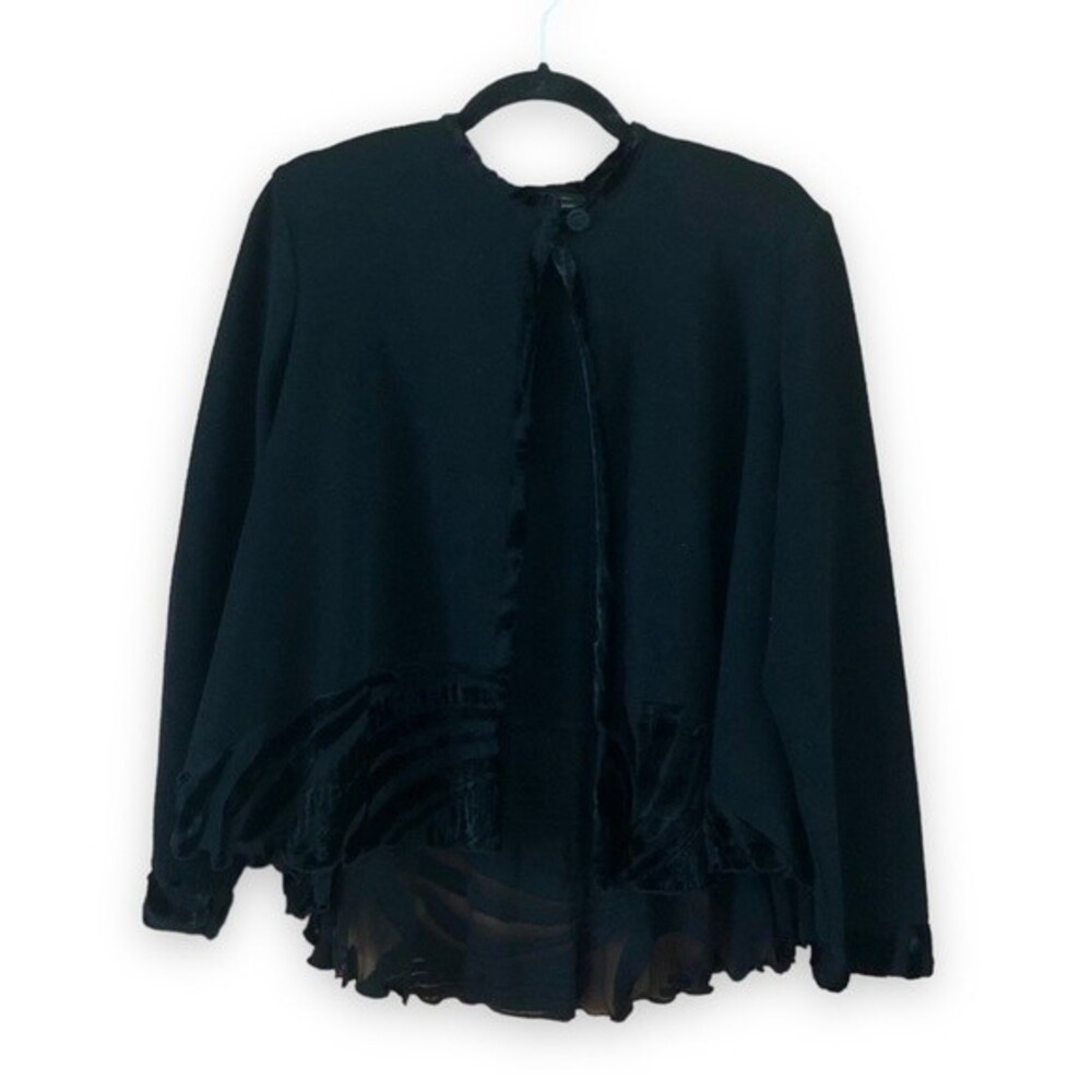 Vintage Clay Du Marian Clayden Black Wool Jacket Sheer Flocked Art to Wear Small